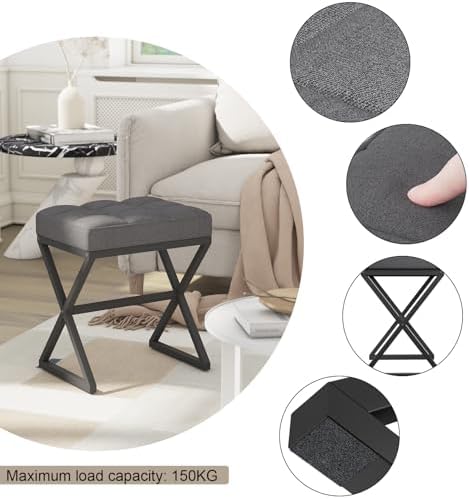 YMYNY Vanity Stool, Linen Footrest, Ottoman Bench with X-Shaped Metal Legs, Makeup Dressing Stool for Vanity, Living Room, Bedroom, Entryway, Hallways 15.74" D×11.81" W×18.11" H Grey UHBD033G