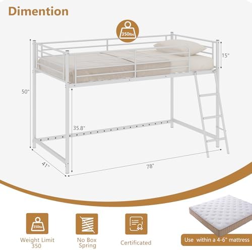 JOYMOR Low Loft Bed with Inclined Ladder, Metal Twin Size Bed Frame with 15” High Guardrail for Boys Girls, Junior, Space Saving, Mattress Not Included (White)