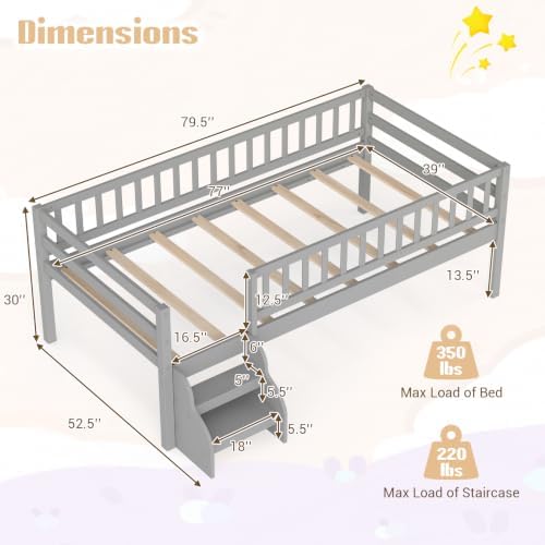 Giantex Kids Low Loft Bed Twin Size with Stairs & Safety Guardrails, Grey
