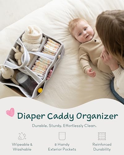 Baby Diaper Caddy Organizer, Baby Shower Basket for Newborn Boys or Girls, Nursery Must Haves for New Mom, Registry Favorites, Large Storage Tote for Changing Table or Car, Gray
