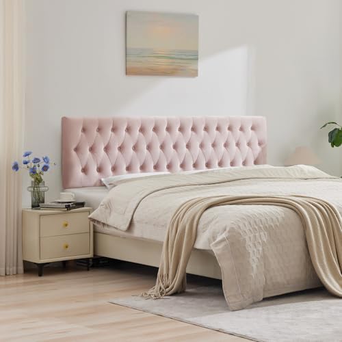 Kingfun Tufted Upholstered King Size Bed Headboard in Modern Button Design, Adjustable Solid Wood Head Board, Premium Velvet Fabric Padded Headboards in Bedroom (Pink)