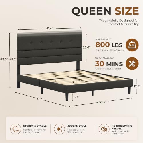 GRUSIGN Queen Size Bed Frame with Linen Fabric Headboard, Adjustable Height Upholstered Platform Bed Frame with Wooden Slats, Easy Assembly, Black