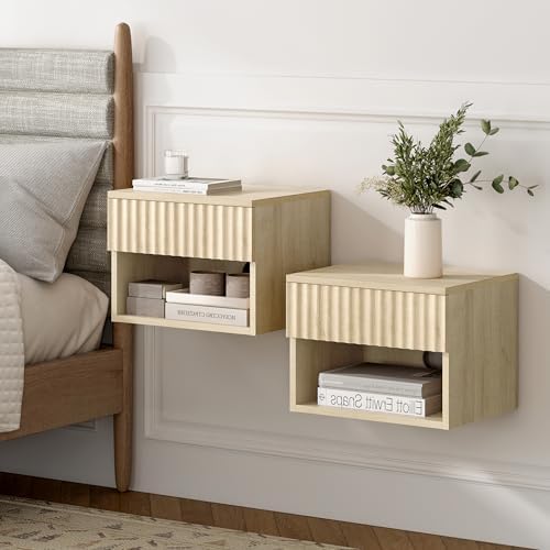 Floating nightstand Set of 2，Modern Fluted Bedside Tables with Drawer & Open Shelf Light Oak