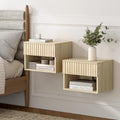 Floating nightstand Set of 2，Modern Fluted Bedside Tables with Drawer & Open Shelf Light Oak
