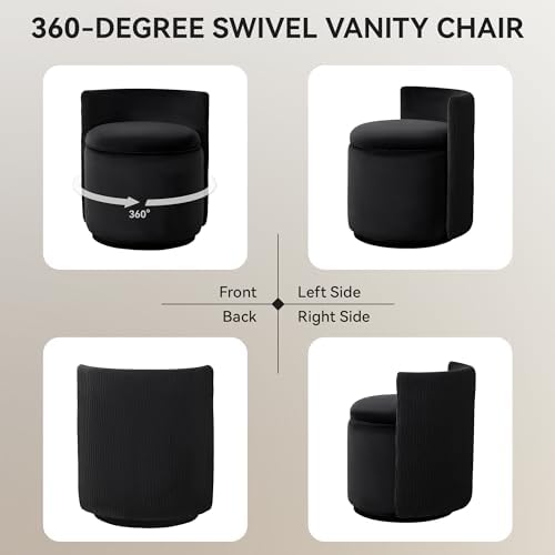 WUTUTUEE Velvet Vanity Chair with Storage, 360° Swivel Makeup Chair with Wave Back, No Assembly Small Accent Stool for Bedroom, Dressing, Living Room, Black