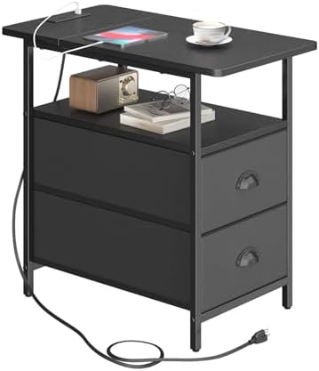 sthmec End Table with Charging Station, Narrow Side Table with 2 Drawers, Nightstands with Drawers, USB Ports & Power Oulets,Slim Sofa Side Tables for Small Spaces,Living Room,Bedroom,Black