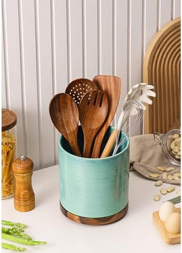 Utensil Holder, 360° Rotating Extra Large Ceramic Kitchen Utensil Holder for Countertop, Cooking Utensil Crocks for Counter with Rotatable Wooden Base, Farmhouse Kitchen Decor, Green