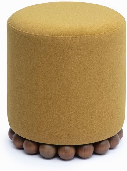 First of a Kind Amber Performance Vegan Mohair Ottoman, Plush Upholstered Accent Stool and Footrest with Foam-Padded Top and Solid Wood Orb Legs