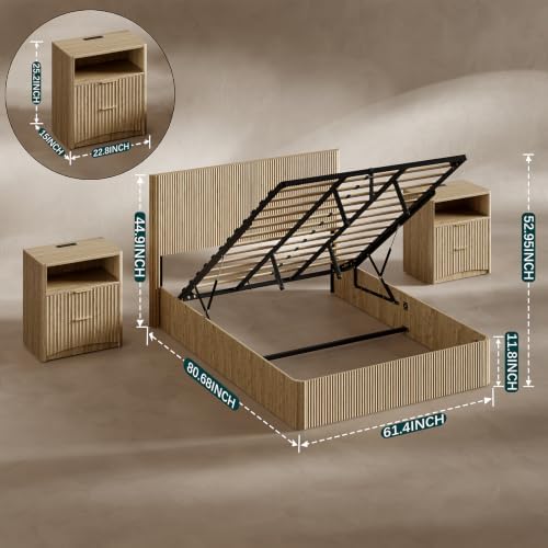 Evermagin Queen Bedroom Set, Storage Bed Frame & Charging Nightstands, Oak