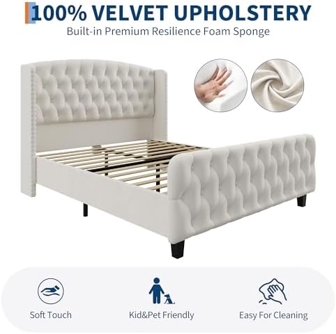 GarveeHome 51" Tall Queen Size Bed Frame with Wingback Headboard, Cream