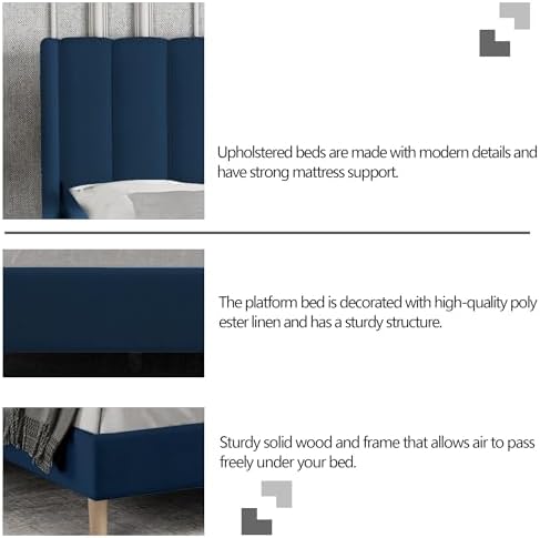Full Size Bed Frame with Velvet Upholstered Headboard, Blue
