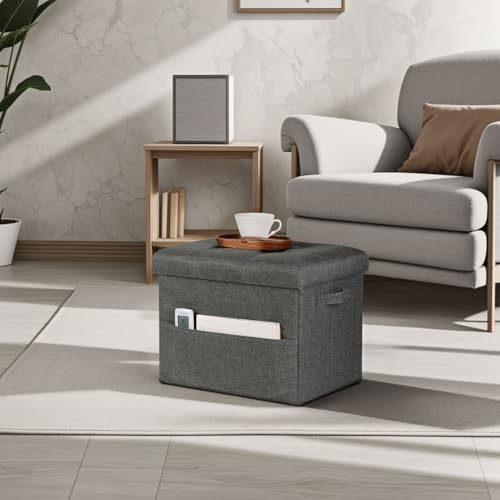 Bsketa Storage Ottoman Bench,17" Folding Linen Foot Rest Stool,Dark Gray