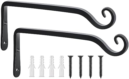 FEED GARDEN Wall Hooks for Hanging Plants 10 Inch - 2 Pack Heavy Duty Metal Plant Brackets, Holds 48 lbs, Rust Resistant Black L-Shape Hooks for Bird Feeders Baskets Lantern Wind Chimes Outdoor Indoor