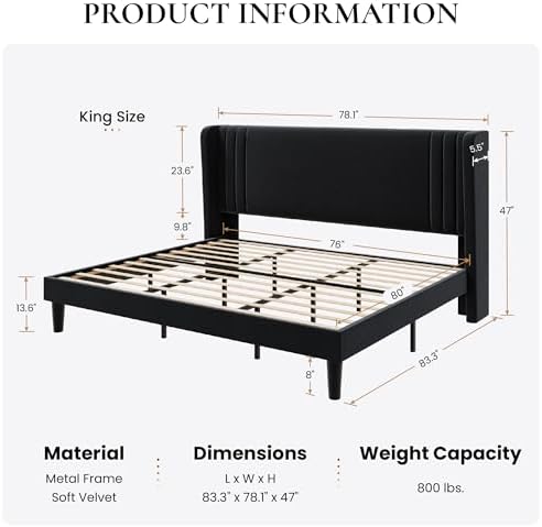 SHA CERLIN King Velvet Upholstered Bed Frame, Wingback Headboard, Black