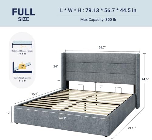 Allewie Full Size Lift Up Hydraulic Storage Bed Frame Blue Grey