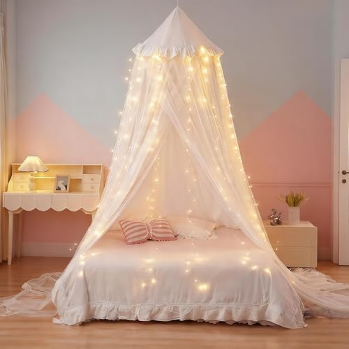 Princess Bed Canopy for Girls, Double Layer Canopy Fits Twin/Full Bed - Fairy Bed Tent for Kids Room Decor(with 250pcs Warm White Curtain Lights,White)