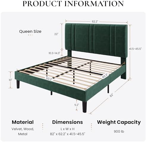 SHA CERLIN Queen Size Velvet Bed Frame with Adjustable Headboard, Green