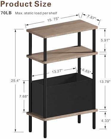 Narrow Side Table with Fabric Basket, Set of 2 End Table for Small Spaces, Slim Nightstand with 3-Tier Storage Shelf, Sofa Beside Table, for Living Room, Bed Room, Natrual Walnut