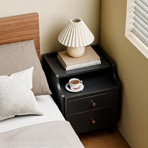 Nightstand with Drawers, Pre-Assembled, 19.7" H Natural Solid Wood Night Stand with Open Sliding Shelf, Mid Century Modern Small Bedside Table Cabinet for Bedroom, Black 16"