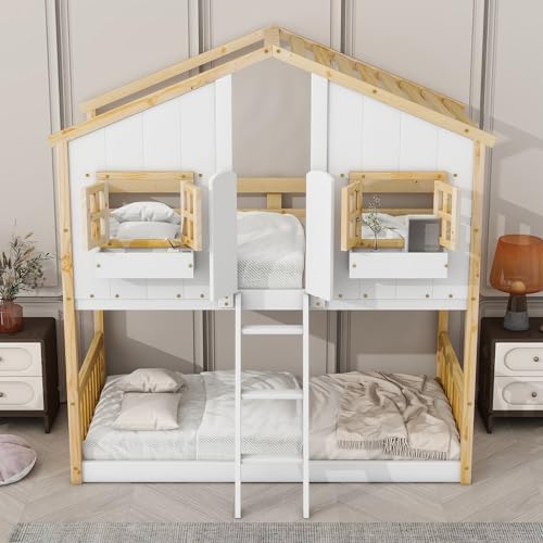 Twin Over Twin House Bunk Bed with Roof and Window, Natural White
