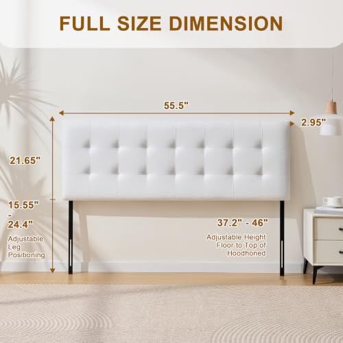 Linen Stitched Tufted Full Headboard, Adjustable Height 37.2-46 in, White