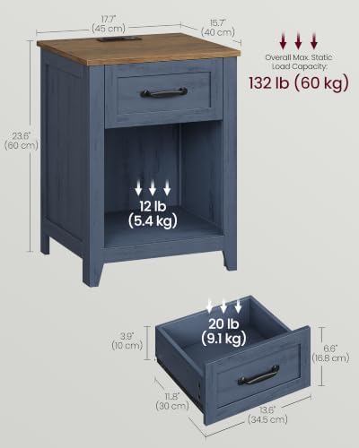 VASAGLE Farmhouse Nightstands with Charging Station, 1 Drawer, Set of 2