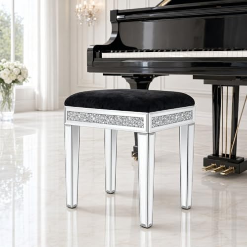Vanity Stool with Storage Mirrored Legs, Velvet Cushioned Ottoman, Hidden Compartment, Sparkling Diamond Trim, Glam Makeup Chair & Piano Bench (Black)