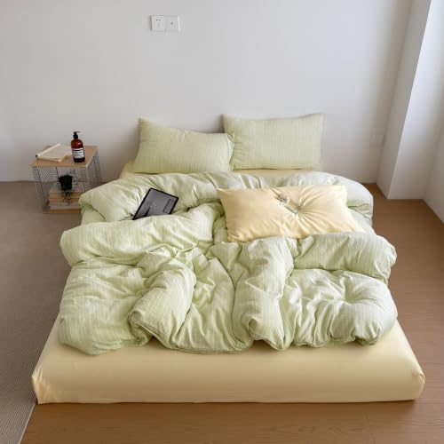 AOJIM Cottage Green Striped Duvet Cover Set King Size Textured Bedding 3Pcs