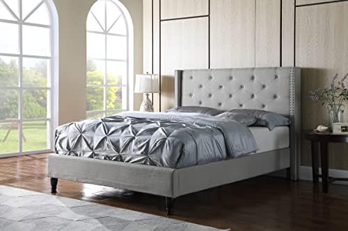 Oliver & Smith Platform Bed Frame Queen Size with Grey Linen Upholstered 51-Inch Button Tufted Headboard Wood Slats Easy Assembly No Box Spring Needed