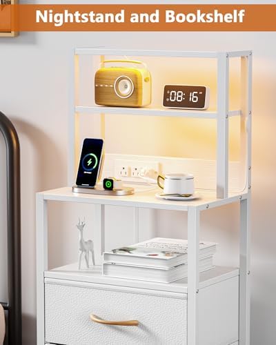 Furnulem Tall Night Stand, White Bedside Nightstand with Charger Station
