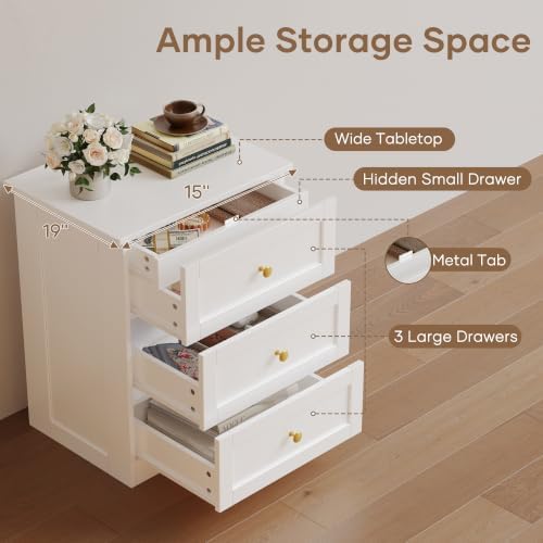wanan Nightstands Set of 2 with Hidden Drawer, White and Gold