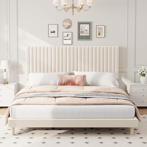 King Bed Frame with Adjustable Headboard, Velvet Upholstered Platform Bed