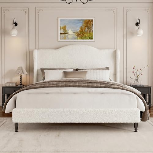 Full Bed Frame with Wingback Headboard, Upholstered Boucle Platform Bed Frame, Solid Wooden Slats Support, Noise-Free, No Box Spring Needed, Soft Cloud Bed for Bedroom, Cream