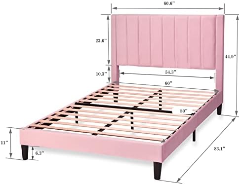 Allewie Queen Bed Frame/Velvet Upholstered Bed Frame with Vertical Channel Tufted Headboard/Strong Wooden Slats/Platform Bed Frame/Mattress Foundation/Box Spring Optional/Easy Assembly/Pink