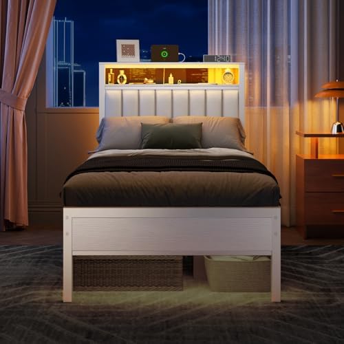 Furnulem White Twin Bed Frames with PU Upholstered Headboard & LED Lights