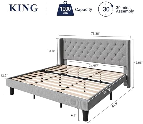 Allewie King Bed Frame with Button Tufted Wingback Headboard, Light Grey