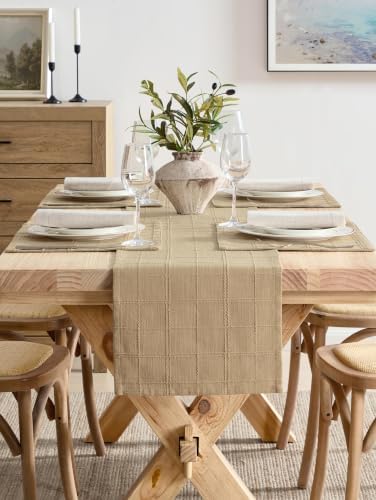 ZeeMart Linen Checked Farmhouse Table Runner, 13x72 Inches Camel