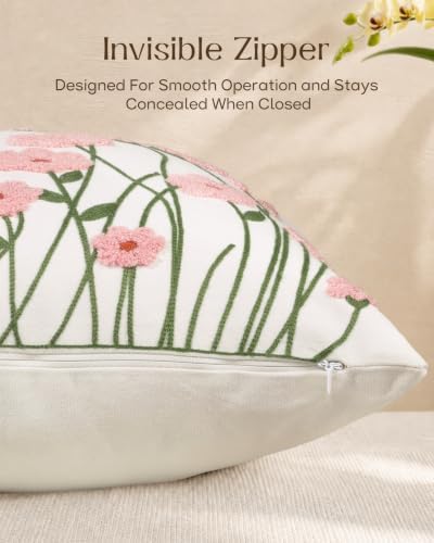 Embroidered Floral Throw Pillow Cover 18x18 Inch, Wild Flower