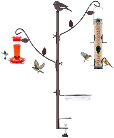 YINGYM Deck Bird Feeder Pole with Bird Bath, Two Adjustable Branches