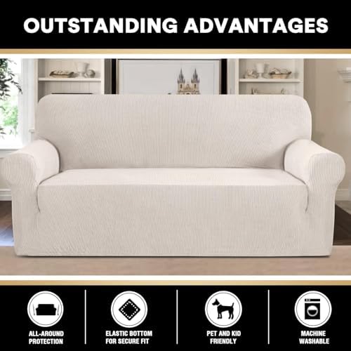 PrinceDeco Stretch Sofa Cover Slipcover Couch Covers for 3 Cushion Couch Furniture Protector Sofa Covers with Non Slip Elastic Bottom Dogs Pet Friendly Fitted(Large Sofa 90"-100",Ivory)