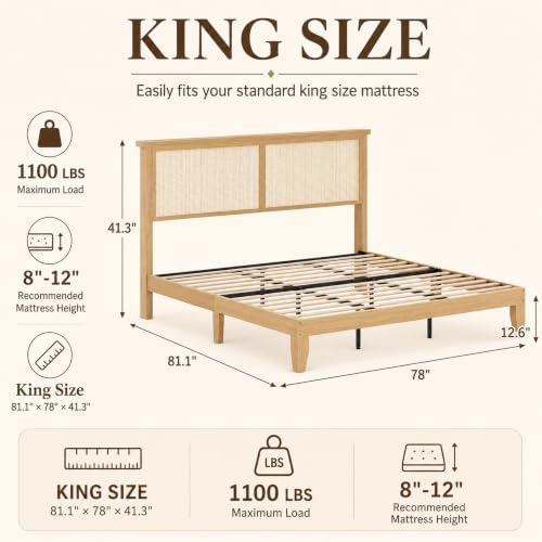 Jojoka Eclectic Rattan Bed Frame with Natural Headboard & LED Light - King Size Platform, Plain Wood Slats, Spacious Storage, No Box Spring Needed, Sturdy Construction, Bedroom Furniture (King)