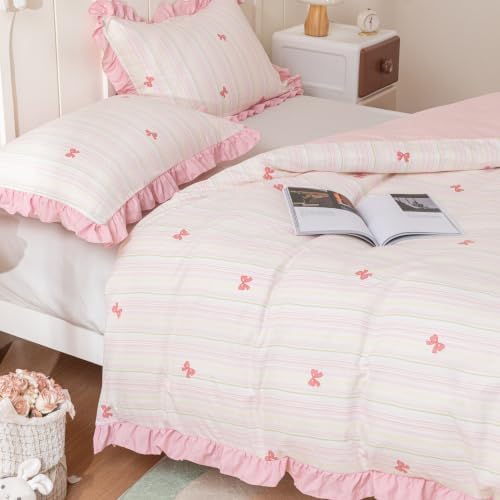 Cute Rainbow Stripes Bowknot Duvet Cover Pink Ruffle Princess Chic Bow Printed Textured Seersucker Comforter Cover Set for Girls Kids Teens Queen 3Pcs