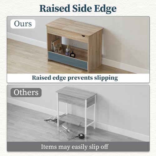 TIQLAB Flip Top End Table with Hidden Charging Station, 23 inch Side Table with Rounded Corner Design, Narrow Nightstand with Wood Shelf, Bedside Table for Living Room Bedroom, Maple