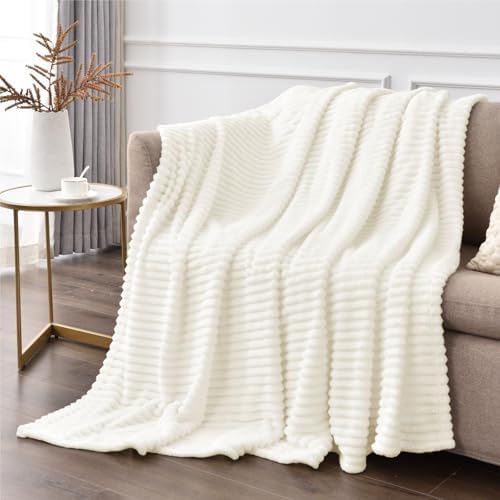 BEDELITE Ribbed Jacquard Cream Fleece Throw Blanket for Couch, 50x60 Inch