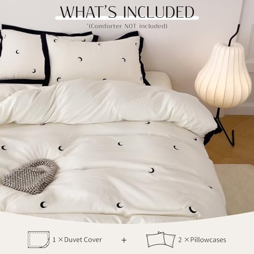 Beige Moon Duvet Cover Set Queen Size 3 Pcs(1 Duvet Cover with 2 Pillowcases),Soft Brushed Wash Fall Winter Warm Comforter Covers with Ruffles,Twin Bedding Set for Teen Girls 90"×90"