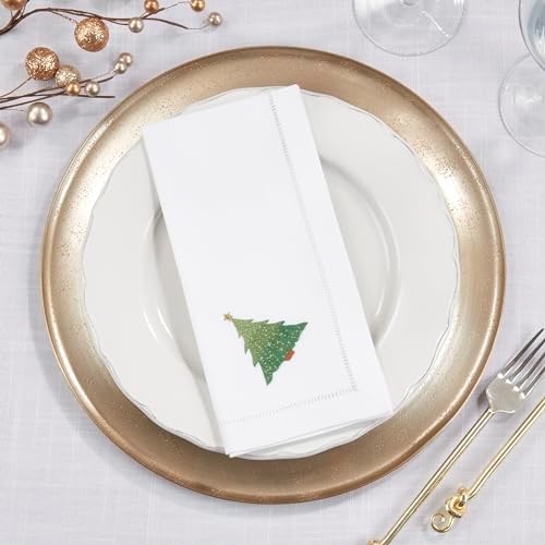 Handmade Whimsical Christmas Tree Embroidery Napkin with Hemstitched Border (Set of 6)