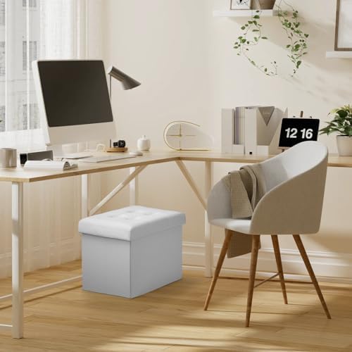 Bsketa Storage Ottoman Bench,17 Inch Folding Leather Foot Rest Stool,White