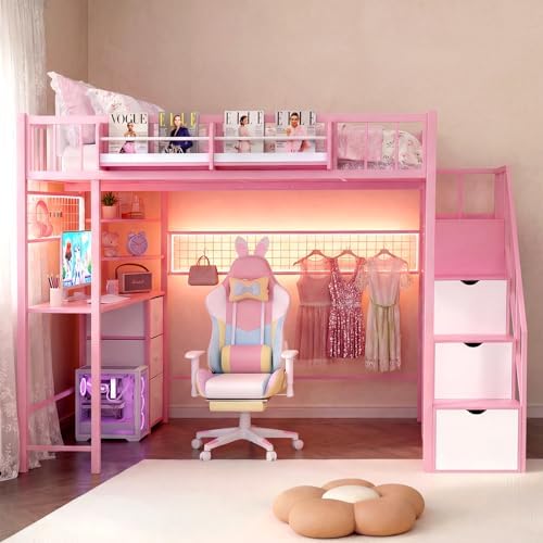 Full Loft Bed with Desk, Stair, Headboard and Storage (Pink)