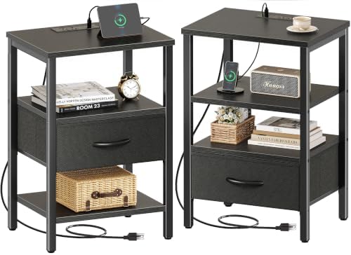 SUPERJARE Nightstand Set of 2 with Charging Station, USB-C Port, End Tables