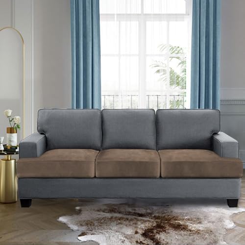 H.VERSAILTEX Stretch Velvet 3 Piece T Cushion Sofa Slipcovers for Living Room Individually Sofa Covers for 3 Cushion Seat Cushion Covers Stay with Elastic Bands (Sofa, Mocha)